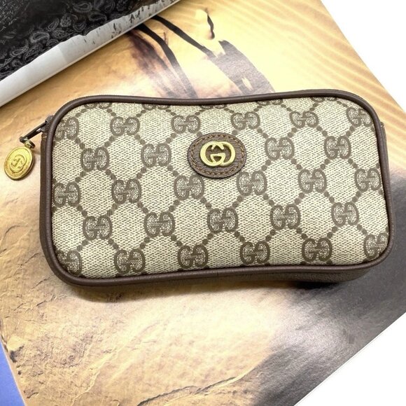 Auth Gucci GG Supreme Marmont GD Brown PVC Leather Pouch - Picture 1 of 11